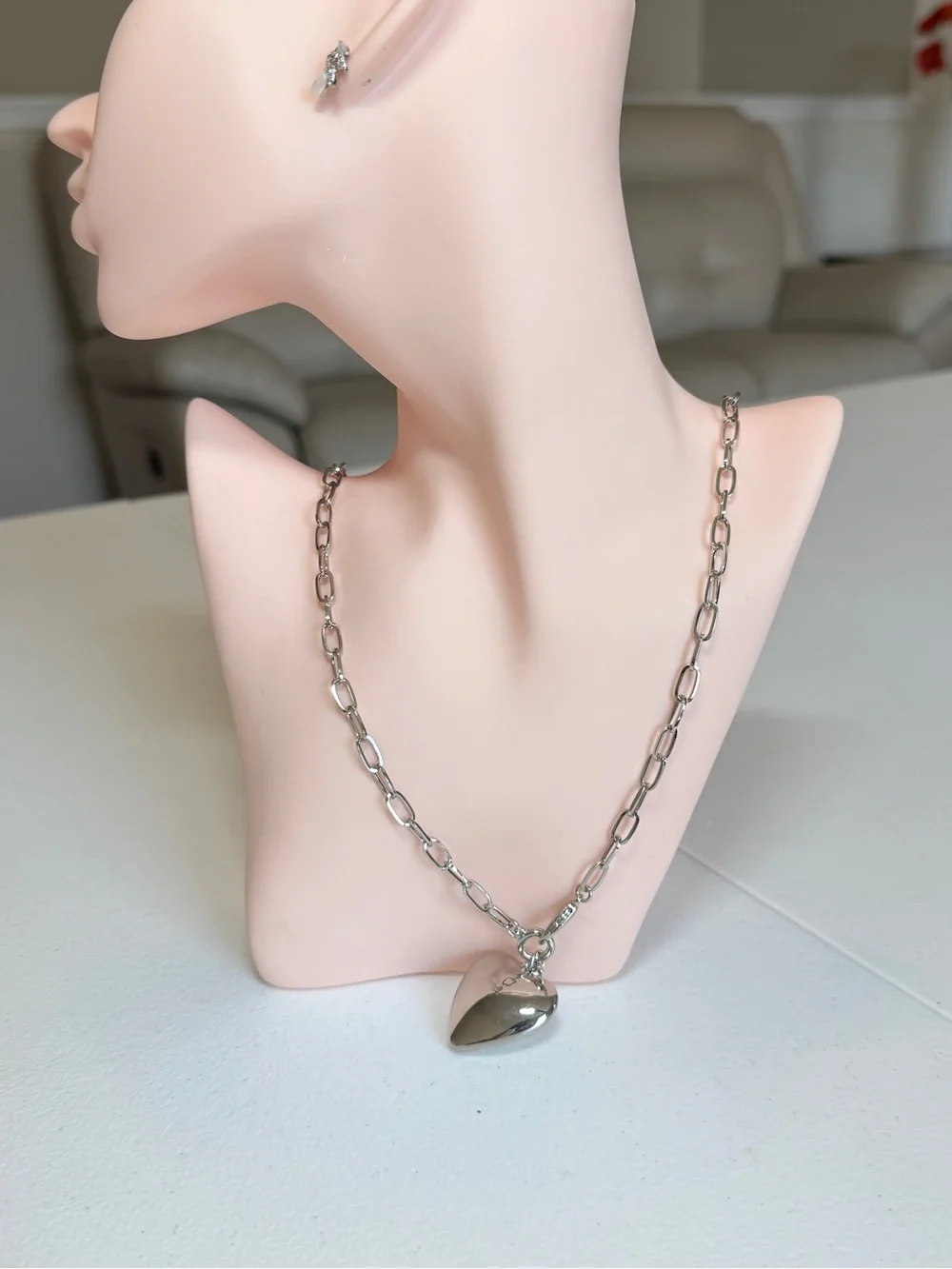 Silver Heart Pendant Long Chain Necklace